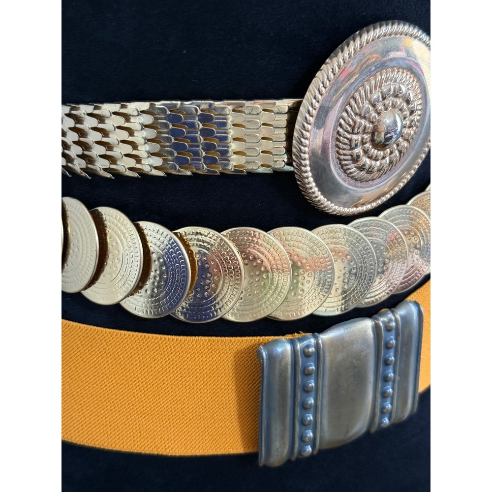 Vintage Gold Tone Metal Coin Scale Link and‎ Mustard Yellow Elastic Belt Set 3pc - Picture 2 of 16